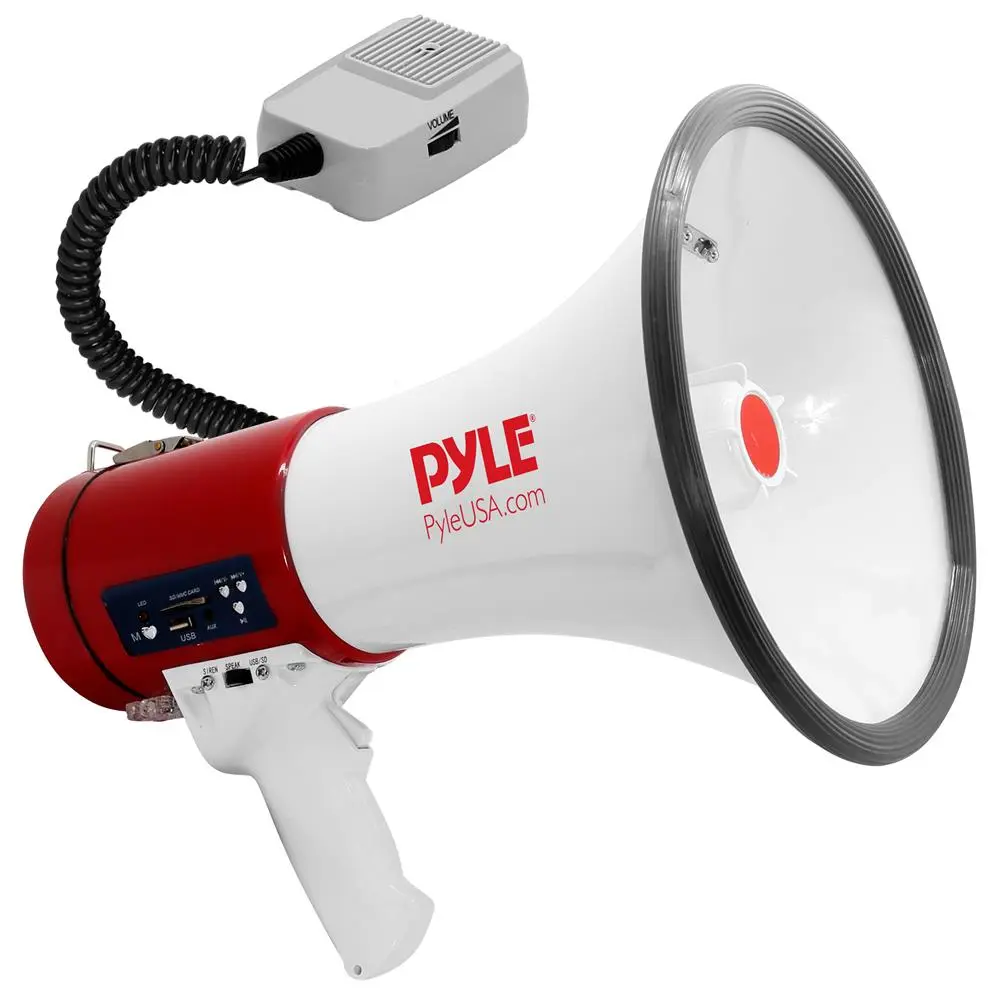 50W Megaphone Bullhorn - White | Battery Powered Speaker with 1200 Yards Long Range & Built-in Siren Modes - Portable Handheld Microphone for Coach, Emergency Announcement, Commercial, Indoor Outdoor Use