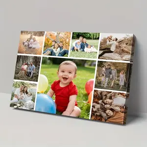 2D Flat, 1pc Custom Photo Collage Frame Canvas Poster Personalized Wall Art With Wooden Frame, Upload Your Family Photos Couples Music Parents Young People Photos, Modern Minimalist Home Decor, Durable Denim Fabric Halloween Christmas Gifts fathersdaygift