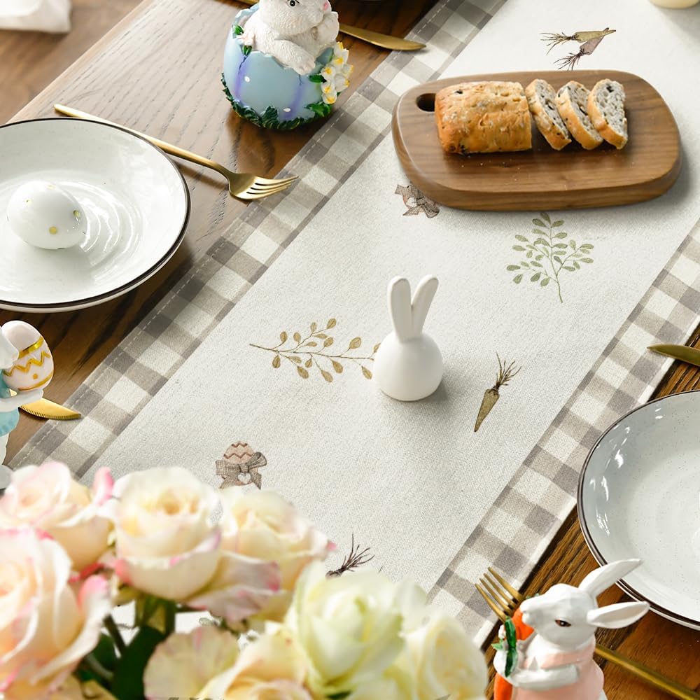Happy Easter Table Runner 13x72/108 Inch Plaid Bunny Table Runner Seasonal Spring Kitchen Dining Table Decoration for Home Party Easter