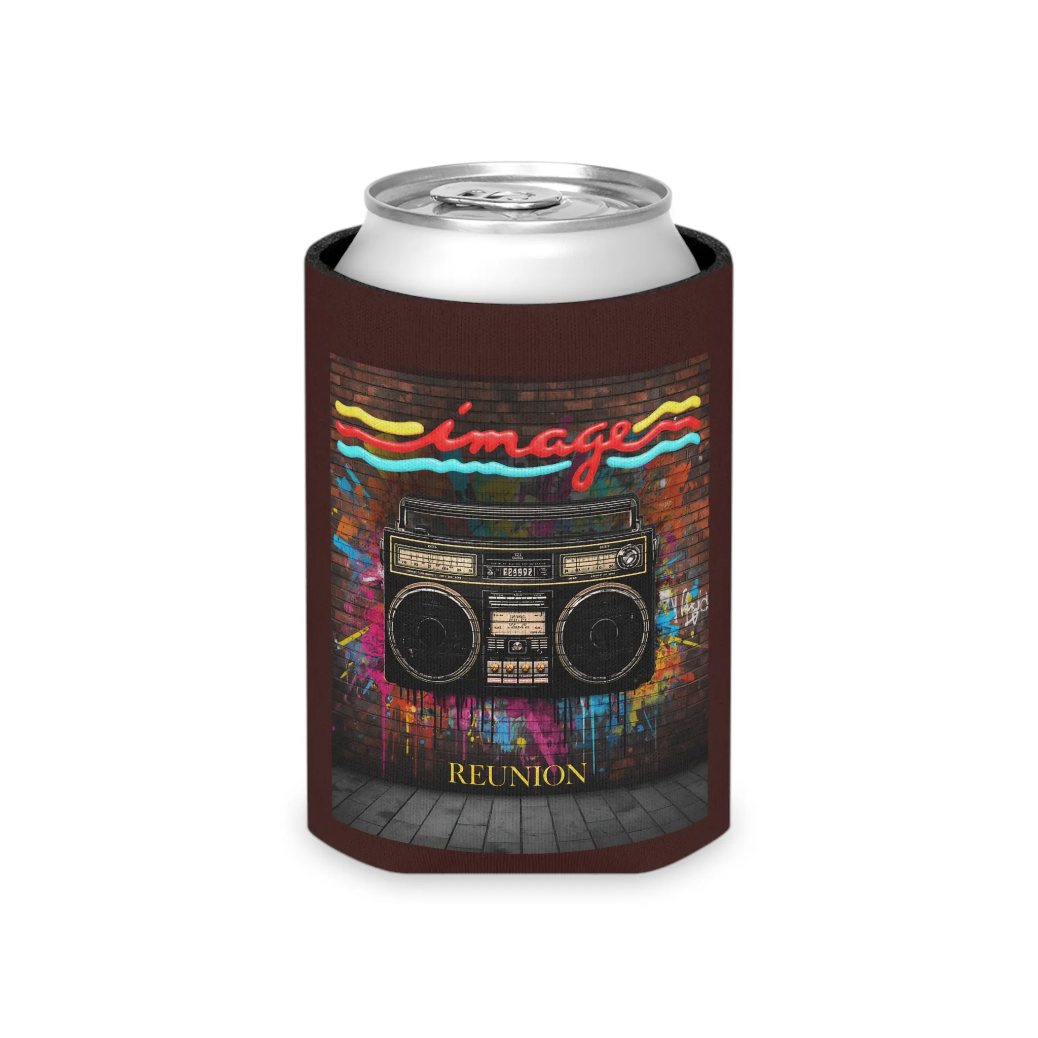 Image Retro Reunion Boombox Reunion Can Cooler | Vintage Graffiti Beverage Insulator