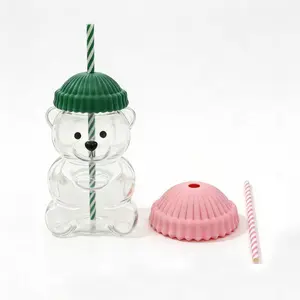 Viral Bear Shaped Glass Cup, Nostalgia oliday Collection Drinking Jar with Striped Straw and Beanie-Style Lid for Valentine’s Day