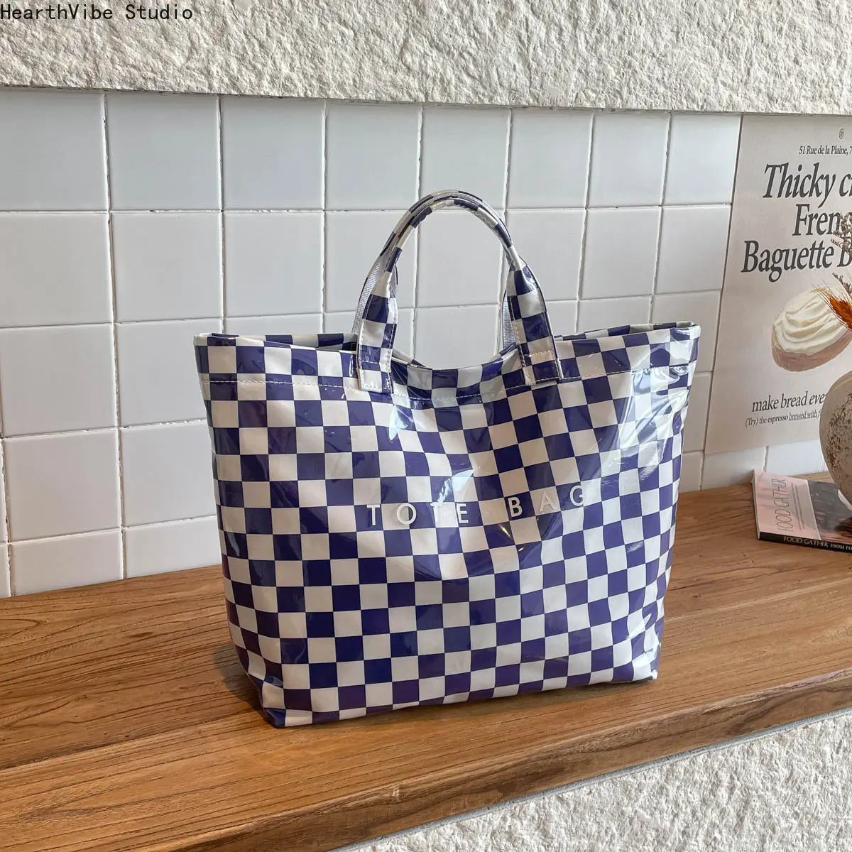 Retro Purple Checkerboard Tote Bag for Women, Large Capacity Canvas Shoulder Bag , Trendy Aesthetic Reusable Shopping Bag for Beach & Travel