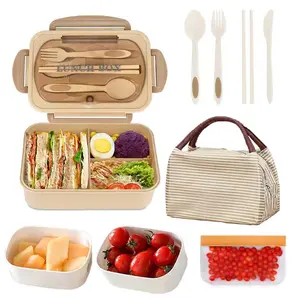 Lunch Box Set, 6 Counts/set Including 3 Grid Plastic Bento Box, Insulated Bag, Snack Bag, Knife, Chopsticks, Spoon & Fork, Lunch Container Set for Adults, Durable Bento Box