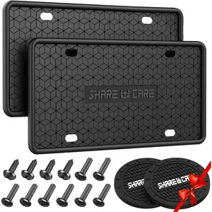 2 Pack Silicone License Plate Frame, Front Back License Plate Cover, License Plate Bracket Holder Rust-Proof Rattle-Proof Weather-Proof for US CA Standard Car & 2Pcs Water Coaster (Black)