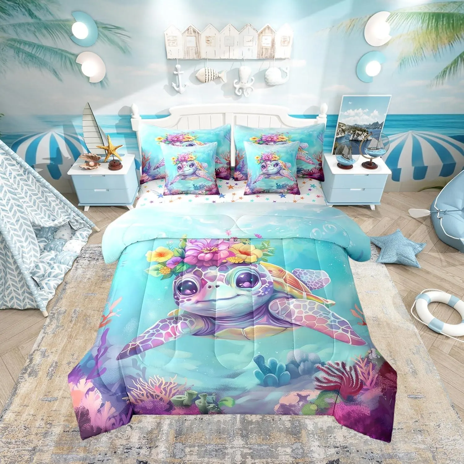 Turtle Comforter Set with Sheets,Reptile Bed in A Bag Bedroom,Underwater World Sea Animal 7 Pieces Bedding Set,Watercolour Coral Bed Sets