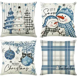Set of 4 Christmas Pillow Covers 18x18 Inch, Merry Christmas Winter Snowman Throw Pillow Covers Xmas Tree Buffalo Plaid Cushion Cover, Blue Christmas Pillows Decorative for Couch Sofa Bed Home