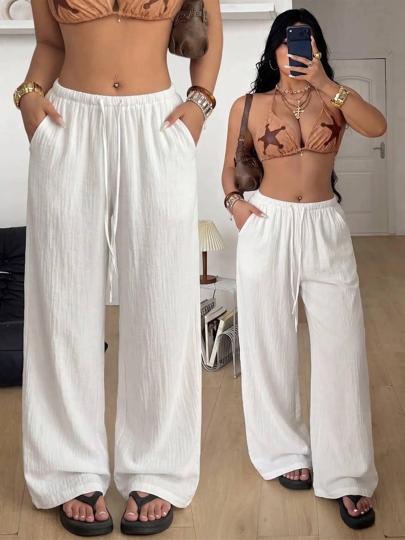 Women's Summer Bohemian Bottom Pants, Boho Style, Adjustable Drawstring Waist, Casual Fitted, Long Regular, Beach Vacation, Party, Travel, Fashionable, Womenswear, Trouser