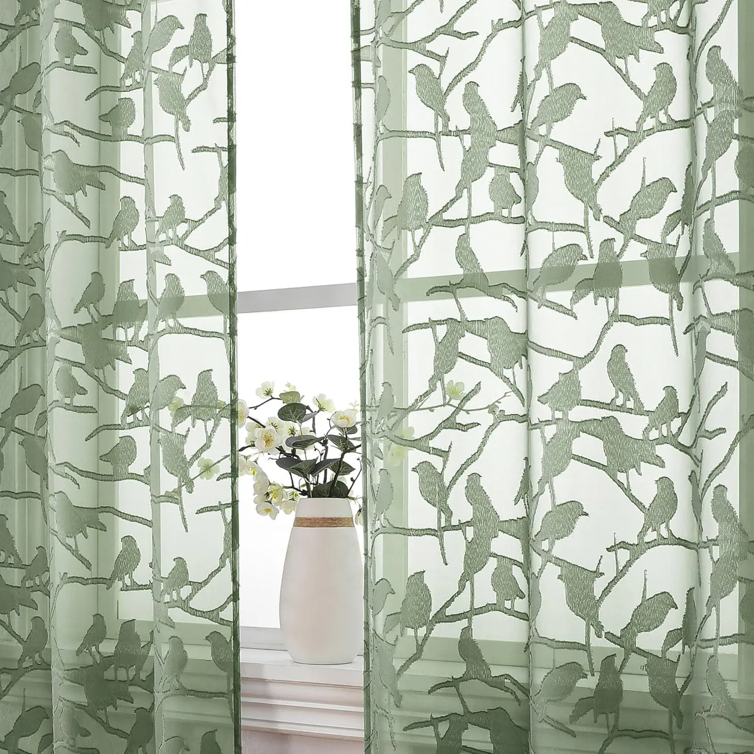 Sage Green Home Decoration Curtain 2-Panel Set (38Wx63L in, Pack of 2) - Light Filtering Dual Rod Pocket Jacquard Window Drapery with Nature Motif Leaf Bird Clips for Bedroom, Living Room