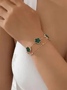 Fashionable Five-Leaf Flower Double Layer Bracelet, Stylish Jewelry Accessory, Elegant Women's Handwear, Trendy Fashion Statement Piece, Elegant Bangle, Double Layered Bracelets