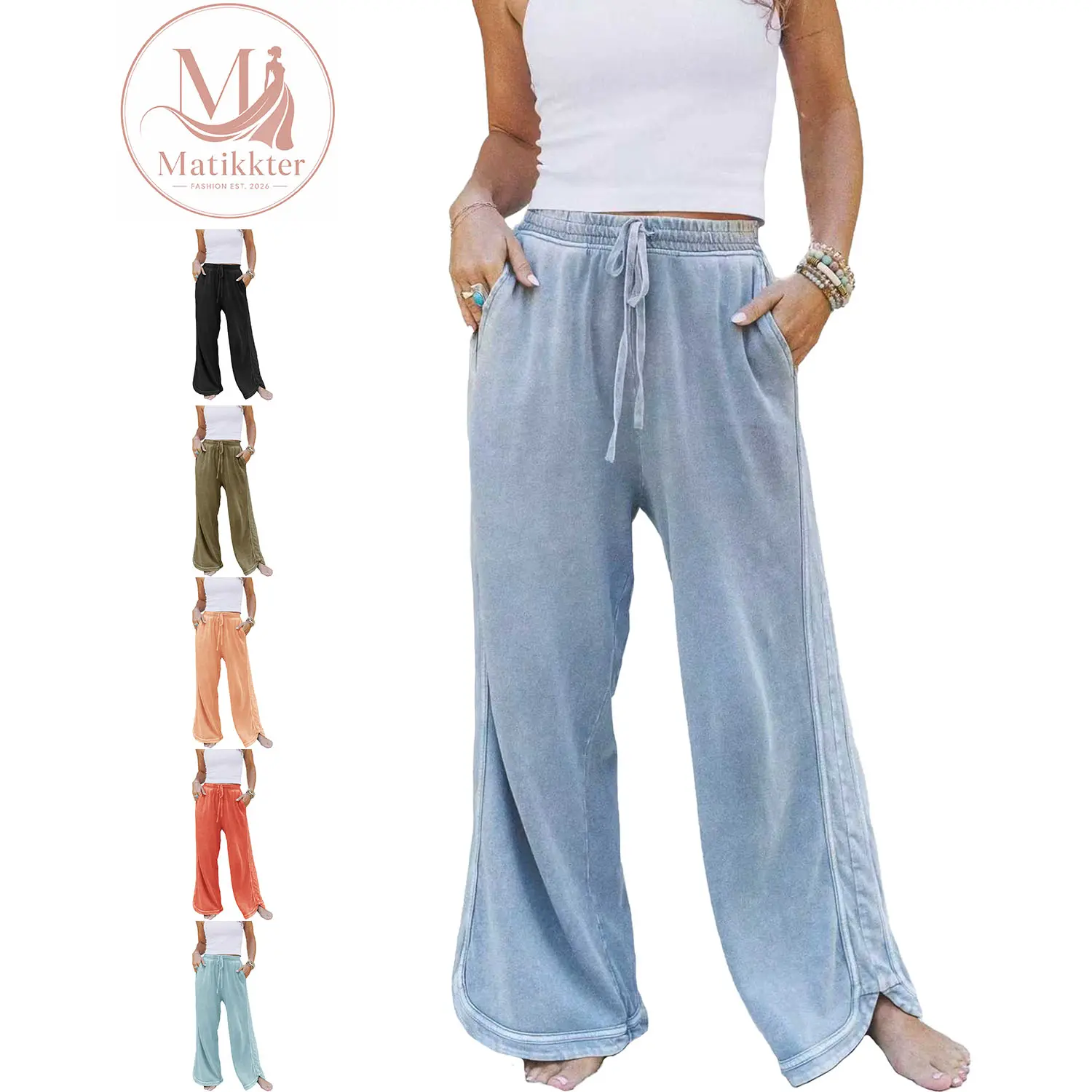 Matikkter Women's High Waist Acid Wash Wide Leg Sweatpants - Bottom with Adjustable Drawstring, Pockets, Comfy Effortless Loose Fit Pants for Gym, Everyday Wear (Multiple Wash Effect Colors)