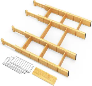 Bamboo Drawer Dividers with Inserts and Labels, Kitchen Adjustable Drawer Organizers, Expandable Organization for Home, Office, Dressers, 4 Dividers with 9 Inserts (17-22 in)