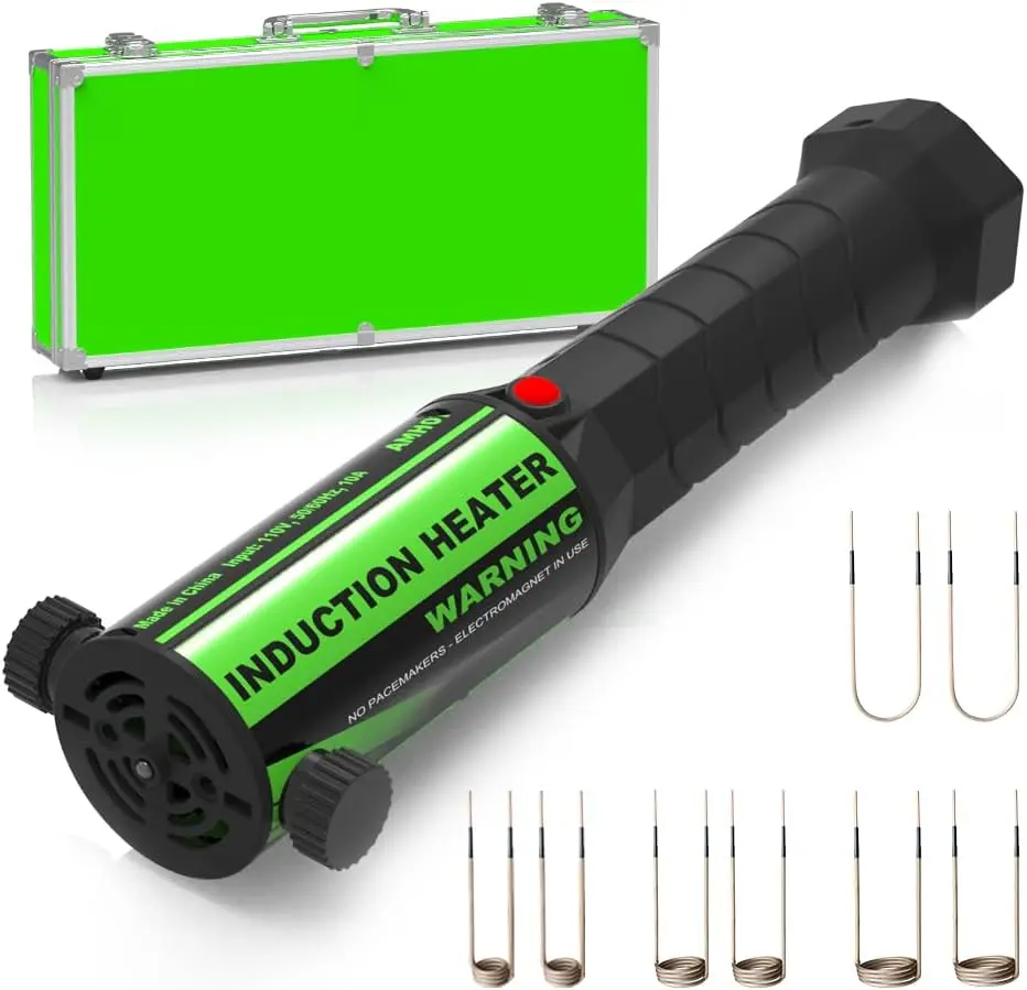 Magnetic Induction Heater for Automotive Use - 1300W 110V Portable No-Flame Tool with 8 Flexible Coils, 1.8m US-Standard Plug, 1.8kg Weight, Comfortable Grip for DIY Enthusiasts to Heat & Remove Rusty Engine Bolts in Home Garage, Green, 1.8 Kg