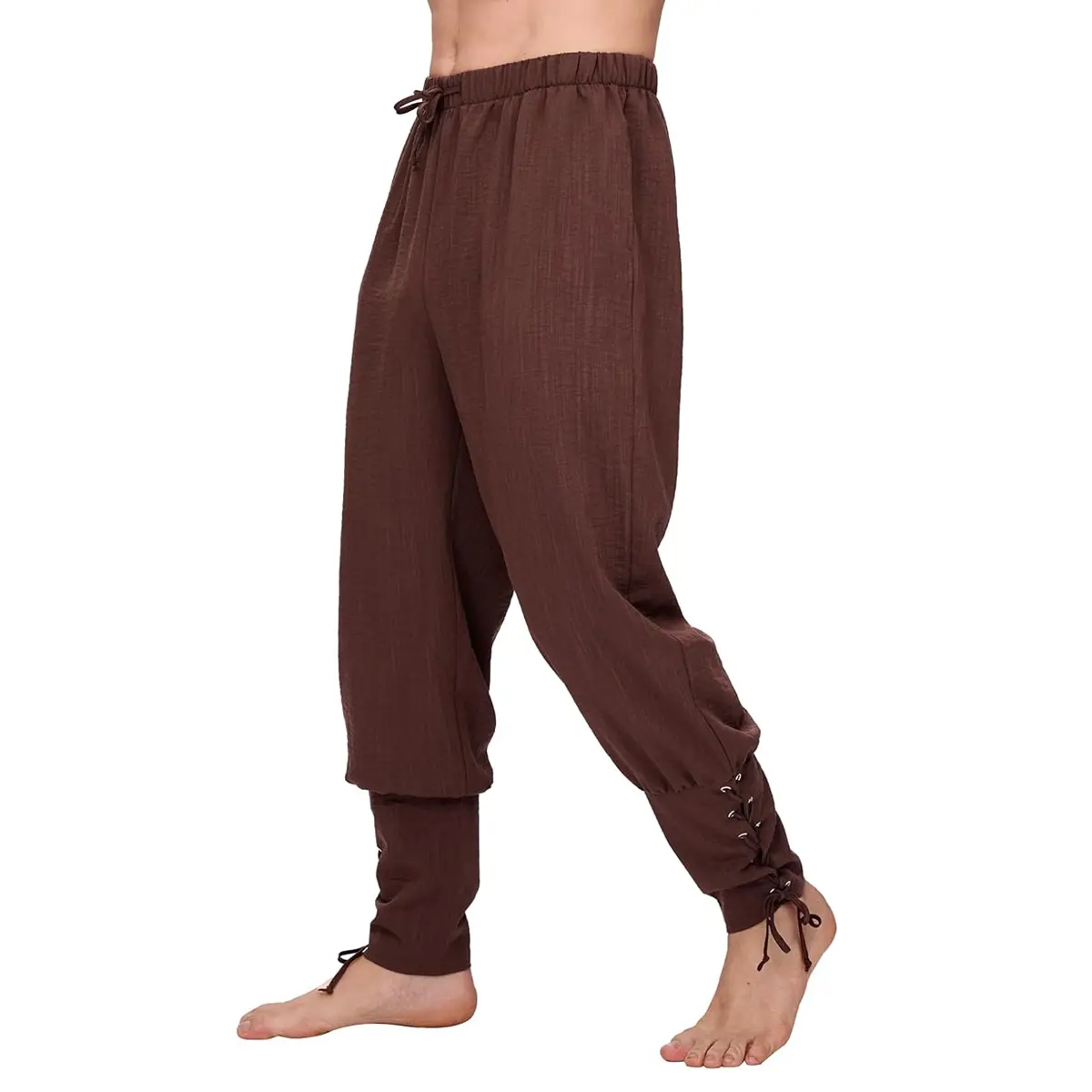 Men's Regular Fit Medieval Renaissance Pirate Linen Pants - Vintage Lace-Up, Ankle-Banded, Drawstring Viking Cosplay Trousers for Halloween, Breathable Textured Menswear
