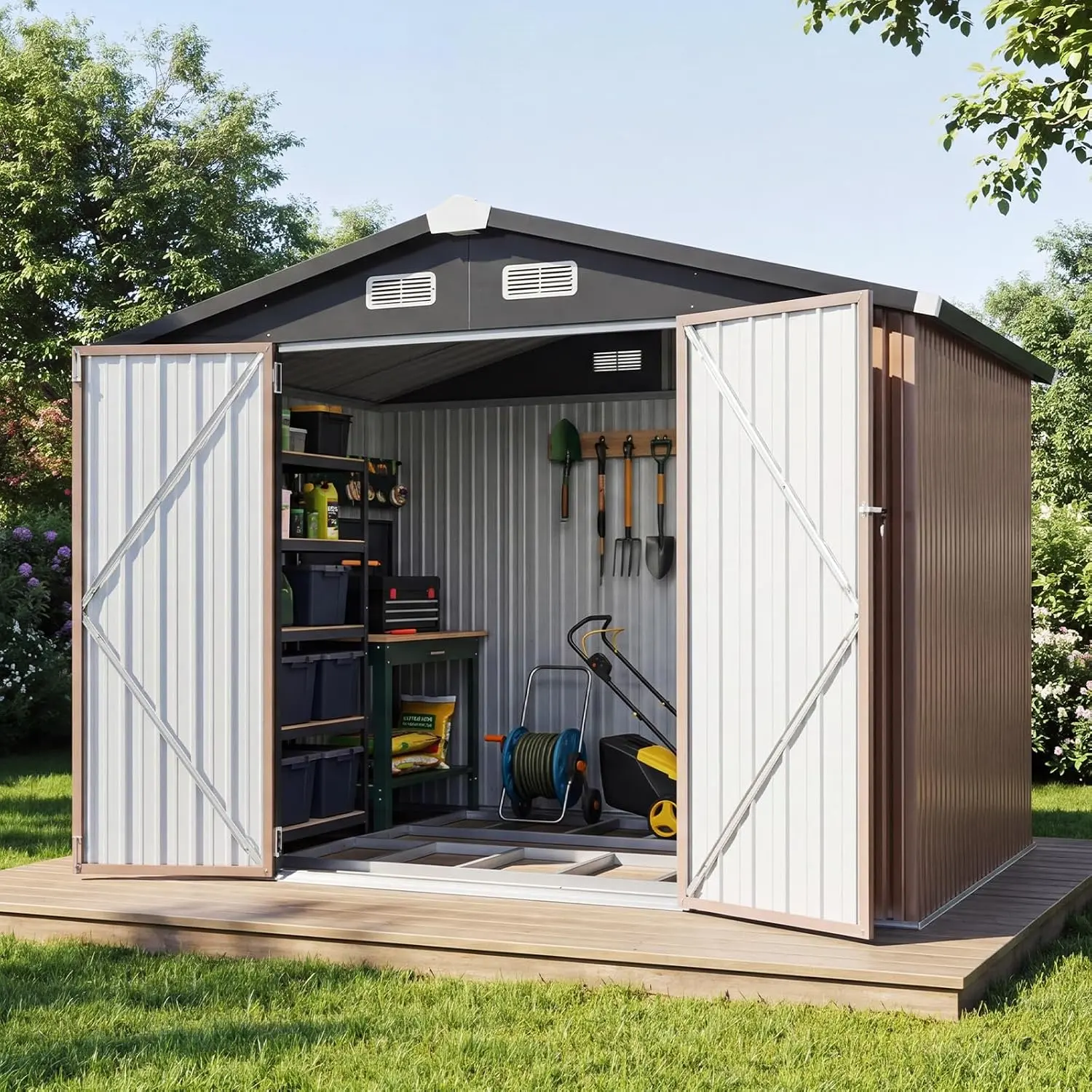 Aoxun 6×4/8x6/10×8/10×12 Shed with Floor Galvanized Steel Outdoor Storage Shed Metal Garden Shed with Double Doors, Moisture-Proof Floor & Ventilation, Sloped Roof for Bike/Generator/Tool Storage (Brown) Heavy Duty Shed