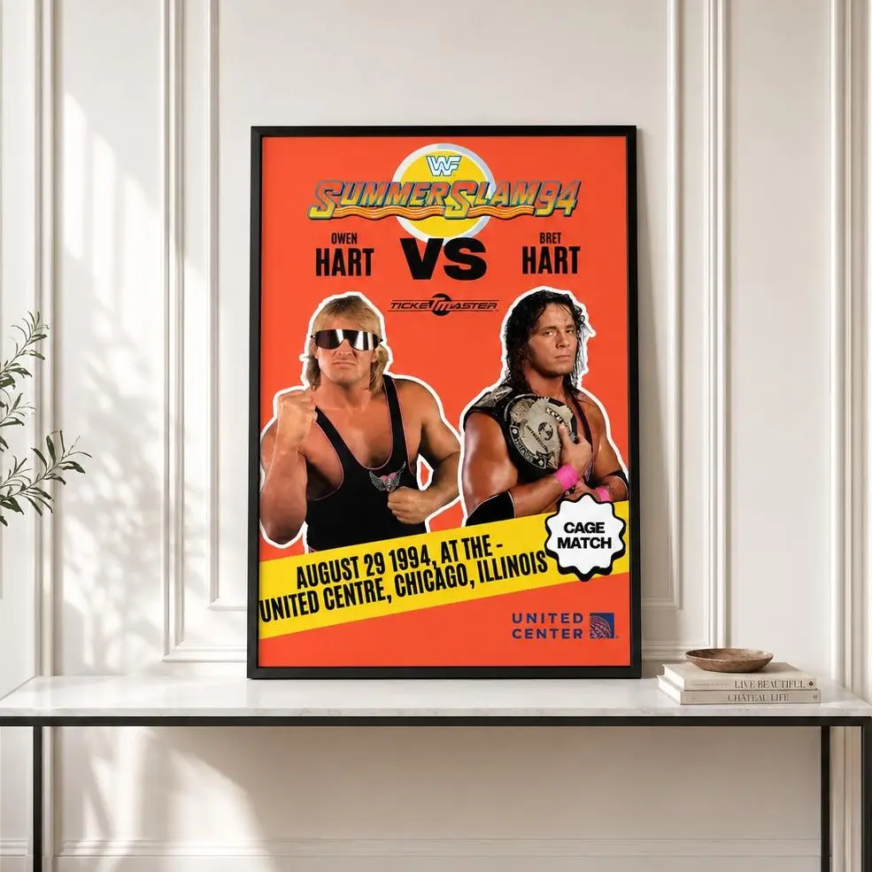 1994 WWE SummerSlam Bret Hart vs Owen Hart Cage Match Vintage Wrestling Poster Retro Wall Art
