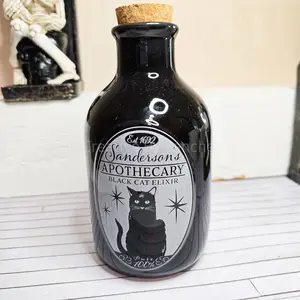 Sanderson's Apothecary Black Cat Elixir Decor Glass Bottle with Cork Glass Wooden Decorative Halloween Spooky Decoration Ornaments