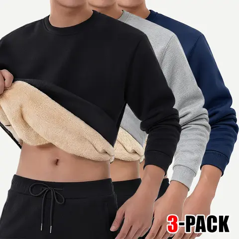 Men’s 3-Pack Warm Solid Plain Long Sleeve Fleece Pullover Hoodie Sweatshirts - Classic Cut Crew Neck, Foldable Hang, Casual Autumn/Winter Menswear Tops, Monochrome Solid-Colored Simple Men's Sweatshirts, X-Large
