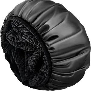 Shower Cap,Terry Lined for Women Reusable, Triple Layer Waterproof Bath Cap, Extra Large for Women Long Hair (Black) black woman Jumbo Braid Cloth Microfiber