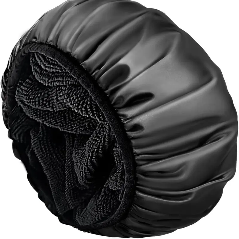 Women's Thick Plain Silk Satin Terry-Lined Reusable Hair Absorbing Shower Cap - 3-Layer Waterproof Bathroom Accessory, Extra Large for Long Hair, Sustainable, Secure Fit, Travel-Friendly (Black), Hair Absorbing Shower Caps