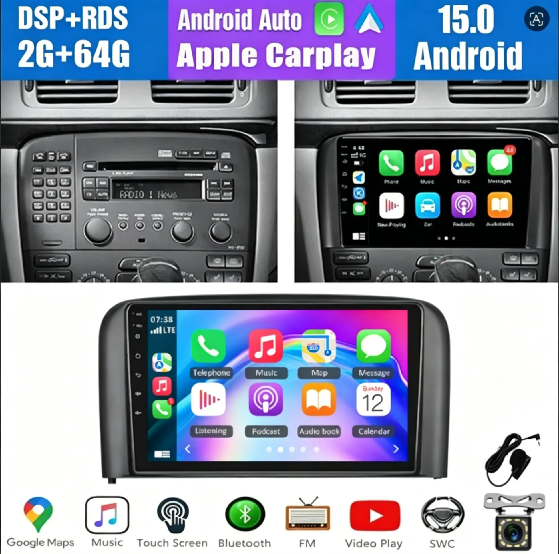 9-Inch Android 15 GPS Navigation Head Unit for Volvo S80 2004-2008, 2GB+64GB Car Stereo Radio with CarPlay/Android Auto, AHD Rearview Camera, Backup Camera, WiFi, Bluetooth, Steering Wheel Control, Rear View Camera, Wireless Carplay Car Navigation