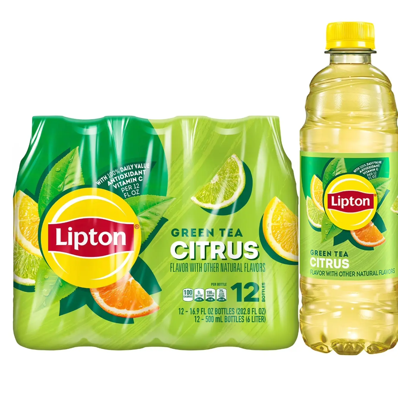 Lipton Green Tea Citrus Iced Tea Drink, 16.9 fl oz, 12 Pack, Caffeinated Fruit Beverage