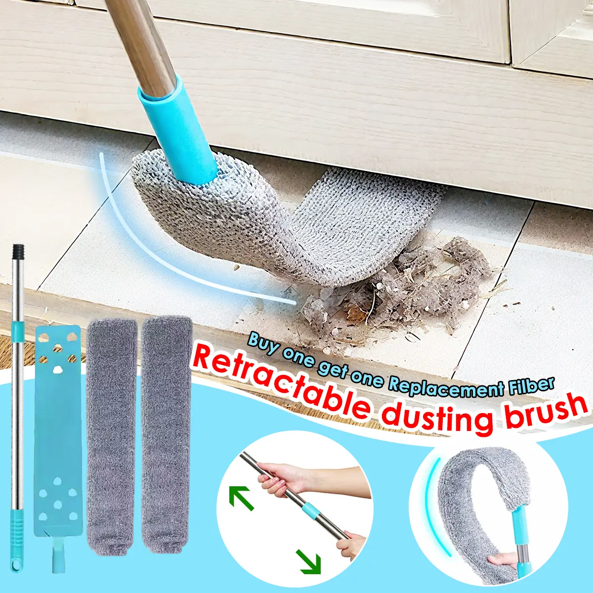 Retractable Gap Dust Cleaner, 59" Extendable Dustremoval Tool with 2 Microfiber Cloths, Soft Bristles for Delicate Surfaces, Heavy-Duty Stainless Steel Locking Design, Reusable Cleaning Supplies, Dusting Brush Dusters/Duster Heads for Home Care