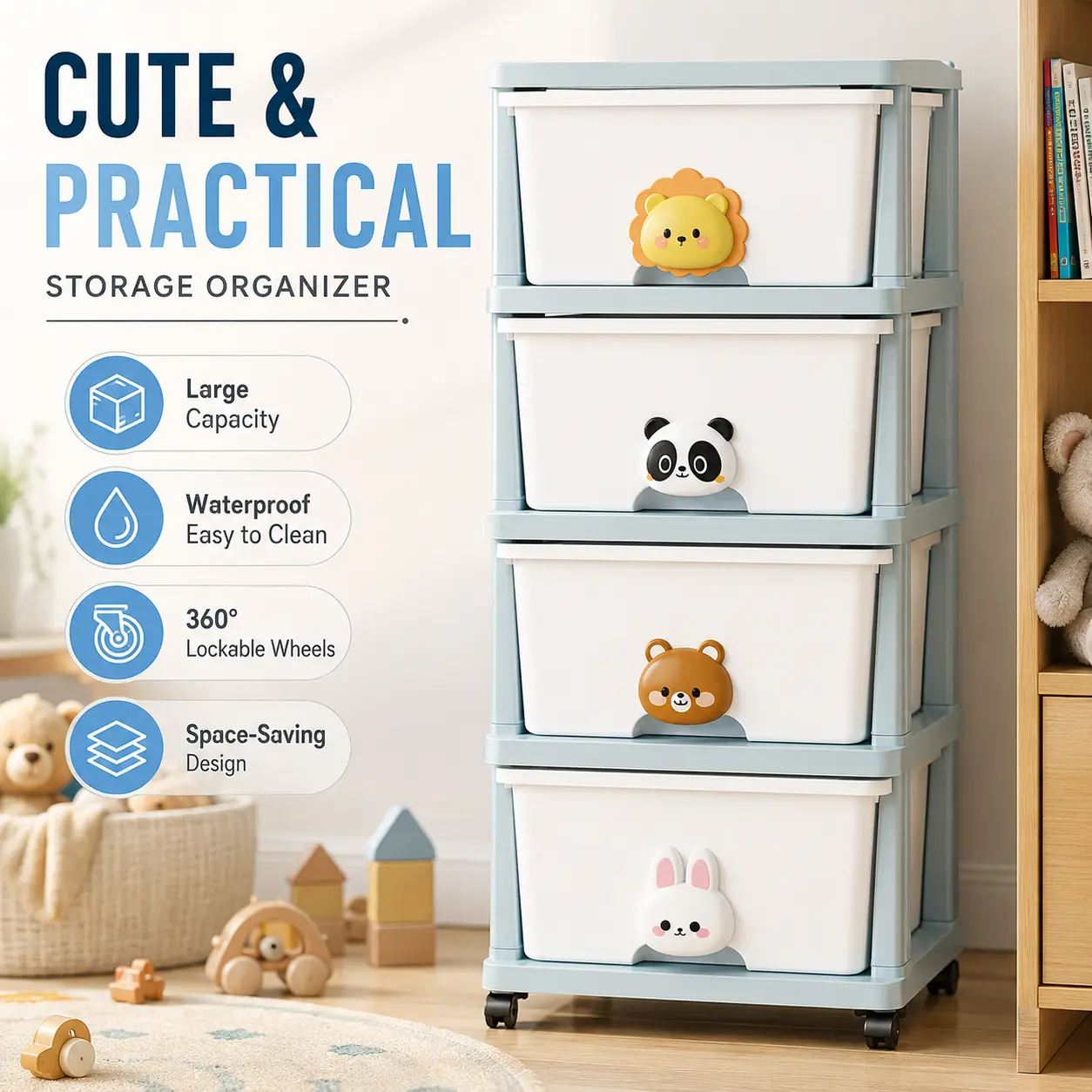 Classic Rectangle Cute Cartoon Toy Storage Organizer - Waterproof PP, Modular Stackable Design, Multi-Drawers, Rolling Wheels, Wipe Clean, Formaldehyde-Free - Space-Saving Kids’ Bedroom Nursery Home Organizer for Books, Clothes