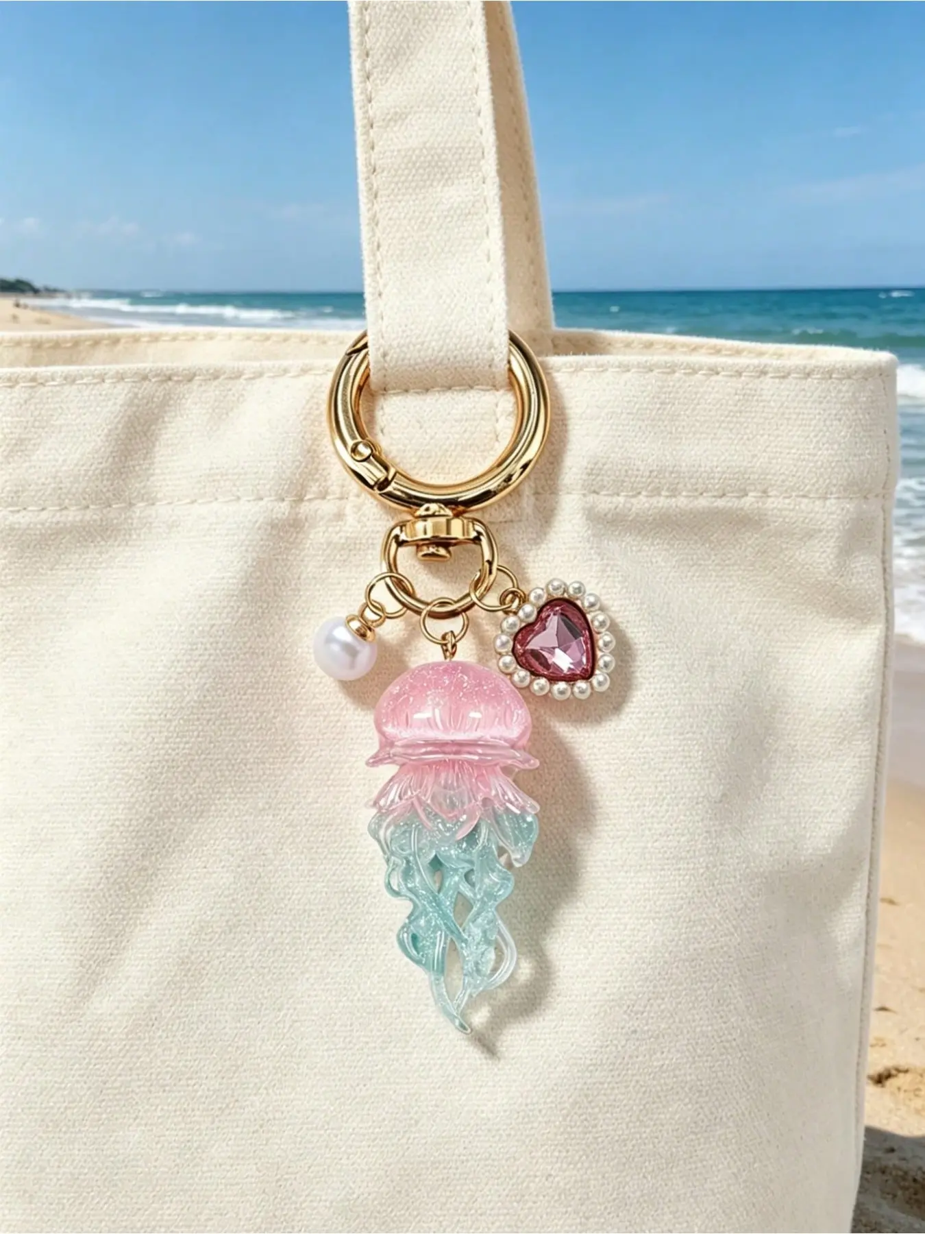 Gradient Jellyfish Keychain, Cute Blue Jellyfish Pendant with Faux Pearl and Heart Rhinestone, Keyring for Bags, Summer Ocean Style Accessory