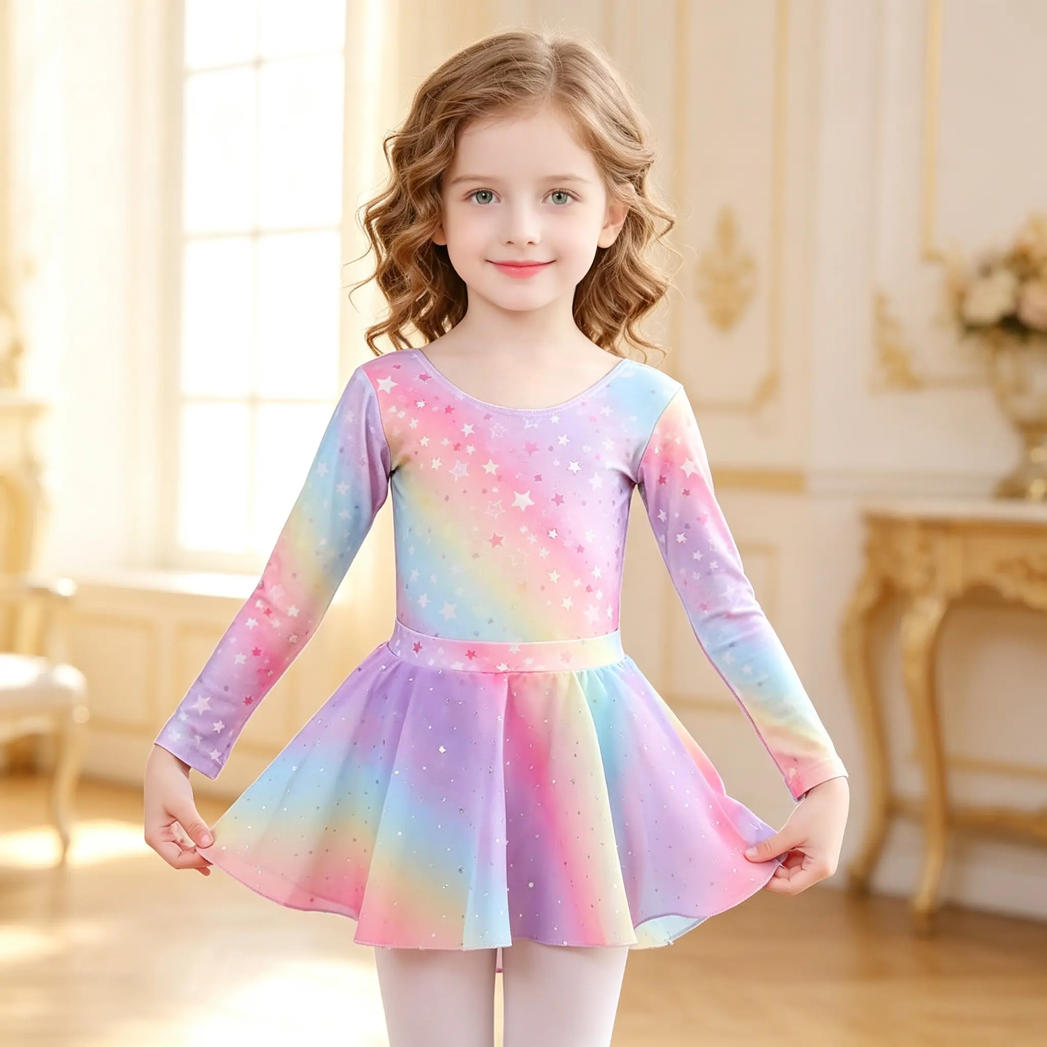 Little Girls Princess Dance Dress, Rainbow Star Print Long Sleeve Girls Little Princess Dance Costume, Soft Stretch Leotard Skirt for Ballet Class Practice Stage Performance Birthday Party Photo Shoot for 3‑12 Years Old Kids Girls