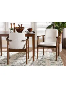 Baxton Studio Miyagi Bouclé Upholstered Dining Table Chairs Set of 2 - White & Walnut Brown, Modern Chic Comfortable Wooden Dining Chairs, 32.70x23.60x23.60 in, Modern Dining Chairs