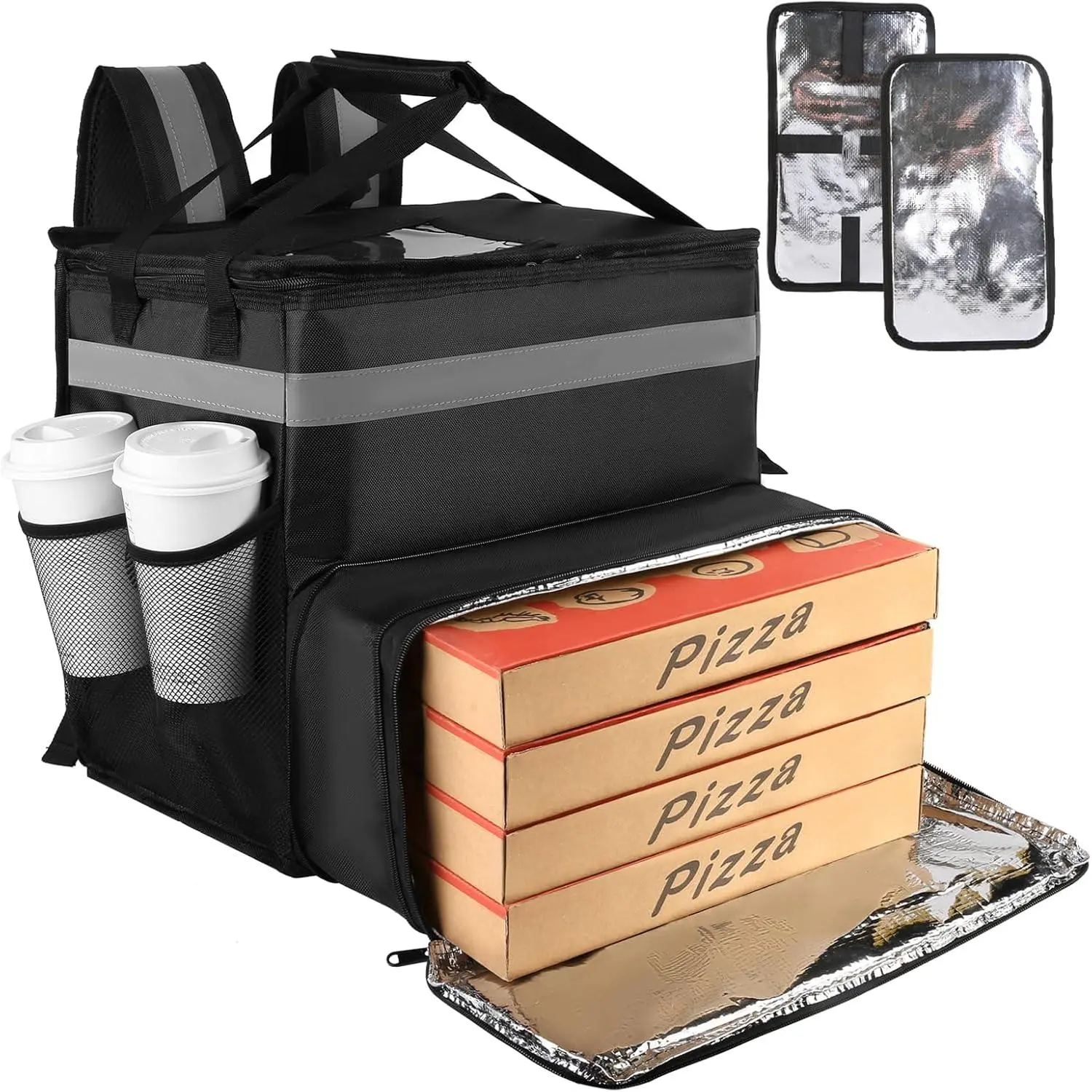 Delivery Bag,Large Insulated Backpack for / Eeats, Expandable Cooler Bags for / with Reflective Strip and Cup Holders, Pizza  Delivery Bag with Hand Straps