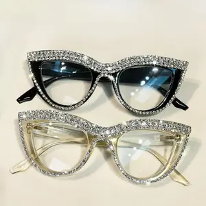 2pcs Cat Eye Rhinestone Fashion Glasses for Women, Elegant Anti-Blue Light , Stylish Full-Frame Design with Sparkling Crystals, Black & Translucent Frames, Antiblue Light Protection| Decorative Eyewear| Polycarbonate Lenses- Blocking Screens Women's Clear