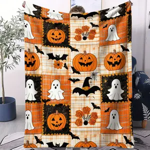 Halloween Patchwork Print Flannel Blanket, Cute Ghost & Pumpkin Throw Blanket, Soft Warm Blanket, Perfect Spooky Season Gift Blanket with Vivid Digital Print, Ideal for Couch & Bed Decor