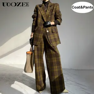 UOOZEE Women's 2-Piece Polyester Suit - Autumn Winter Retro Elegant Long-Sleeve Loose Formal Business Blazer (No Belt/Pockets) & Check High-Waisted Full-Length Loose Trousers with Pockets,summervibes