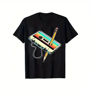 Cotton Men'S Retro Cassette Tape And Pencil Pattern Cotton T-Shirt - Black Short Sleeve Crew Neck, Vibrant 80S Design,  Cotton, Casual Version, Perfect For All Seasons, Everyday T-Shirt|   Playful Print Shirt|    Golf Gift T-Shirt For Men And W