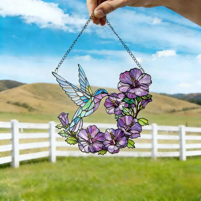 Acrylic Hummingbird Window Art, Lavender Flower Glass Panel, Botanical Suncatcher Decor, Mother’s Day Gift