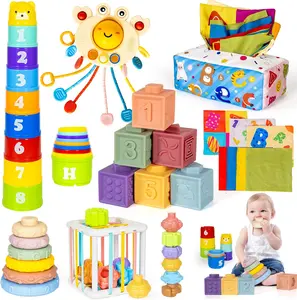 Summer Spring Gift  6 in 1 Montessori Toys for Babies Newborn Stacking Block Soft Infant Ring Shape Learning Sensory Bin Pull String Teething Toy Tissue Box for Toddlers 18M+ 2 3 Year Old Boy Girl Gift