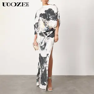 UOOZEE 2026 New Women's Fashion Asymmetric One-Shoulder Evening Satin Dresses, Floral Printed Long Dress for Summer Art Asymmetric Bat Sleeves One-Shoulder Party Dress(One Size Up Recommended for C - Cup and Above), Boat, Polyester,summervibes