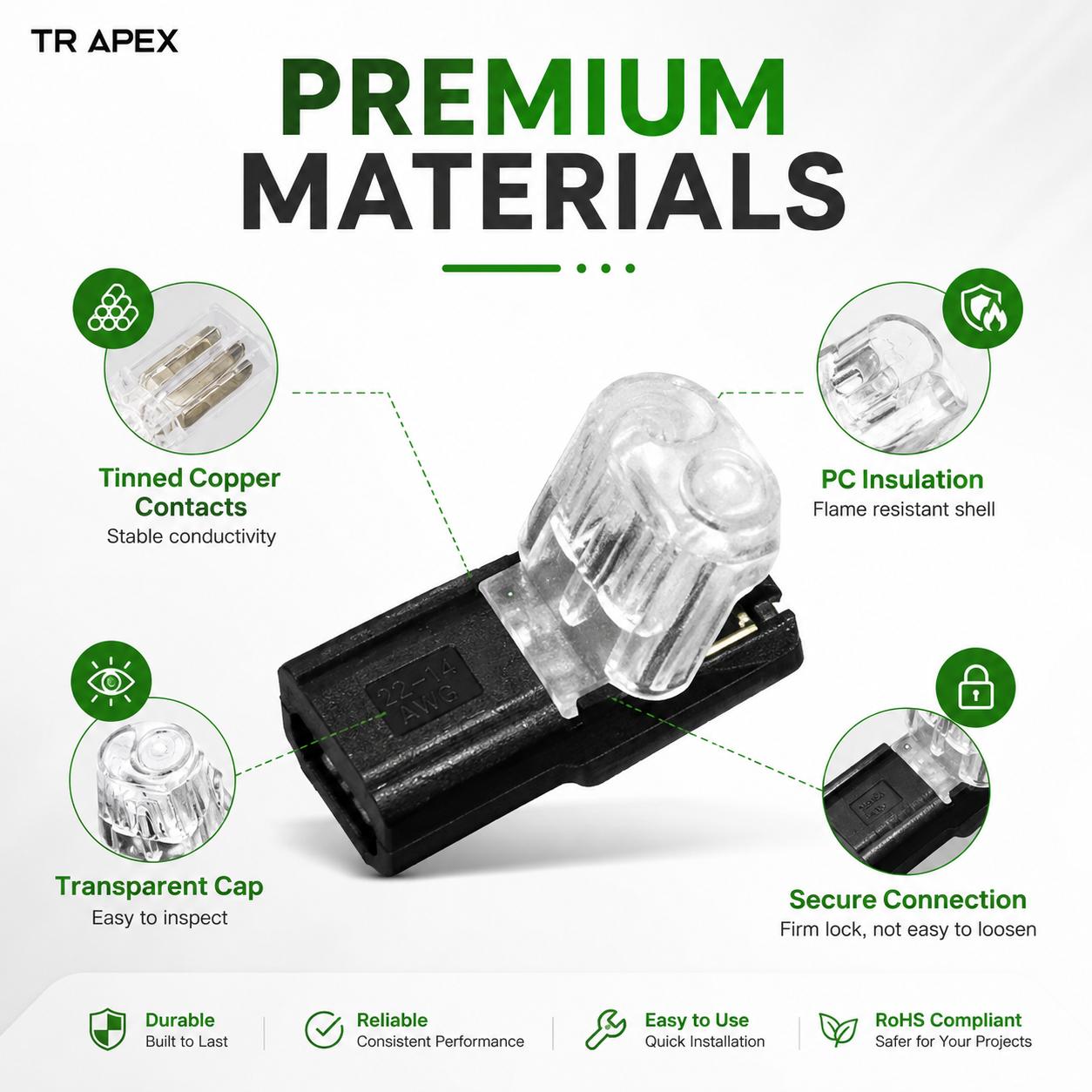 TR APEX 50PCS Quick Splice Wire Connectors with Bonus Wire Stripper, 2 Pin Low Voltage Fast Connect Plugs for LED Strip Lights, Car Wiring, Power Distribution & DIY Repairs