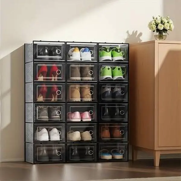 12 Pack Large Shoe Storage Organizer for Closet, Modular Space Saving Shoe Boxes Clear Plastic Stackable Containers Display Case Bins with Lids, Shoe Rack for Sneaker Storage, Colour: Black