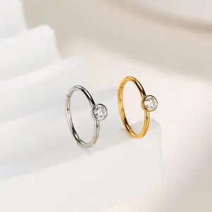 Oufer 20G Bezel CZ Classic Nostil Piercing Nose Ring Ear Lobe Hoop Earrings Inner Daimeter 6mm 7mm 8mm 316L Stainless Steel