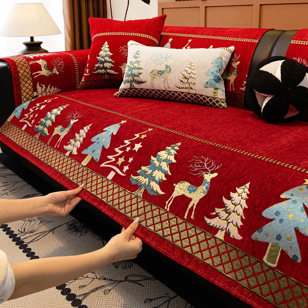 Christmas Tree Embroidered Sofa Cushion, Reindeer Pattern, Non-Slip Pet-Proof Couch Cover, Winter Home Decor, Fits 1-4 Seater Sofas, Durable Cushions