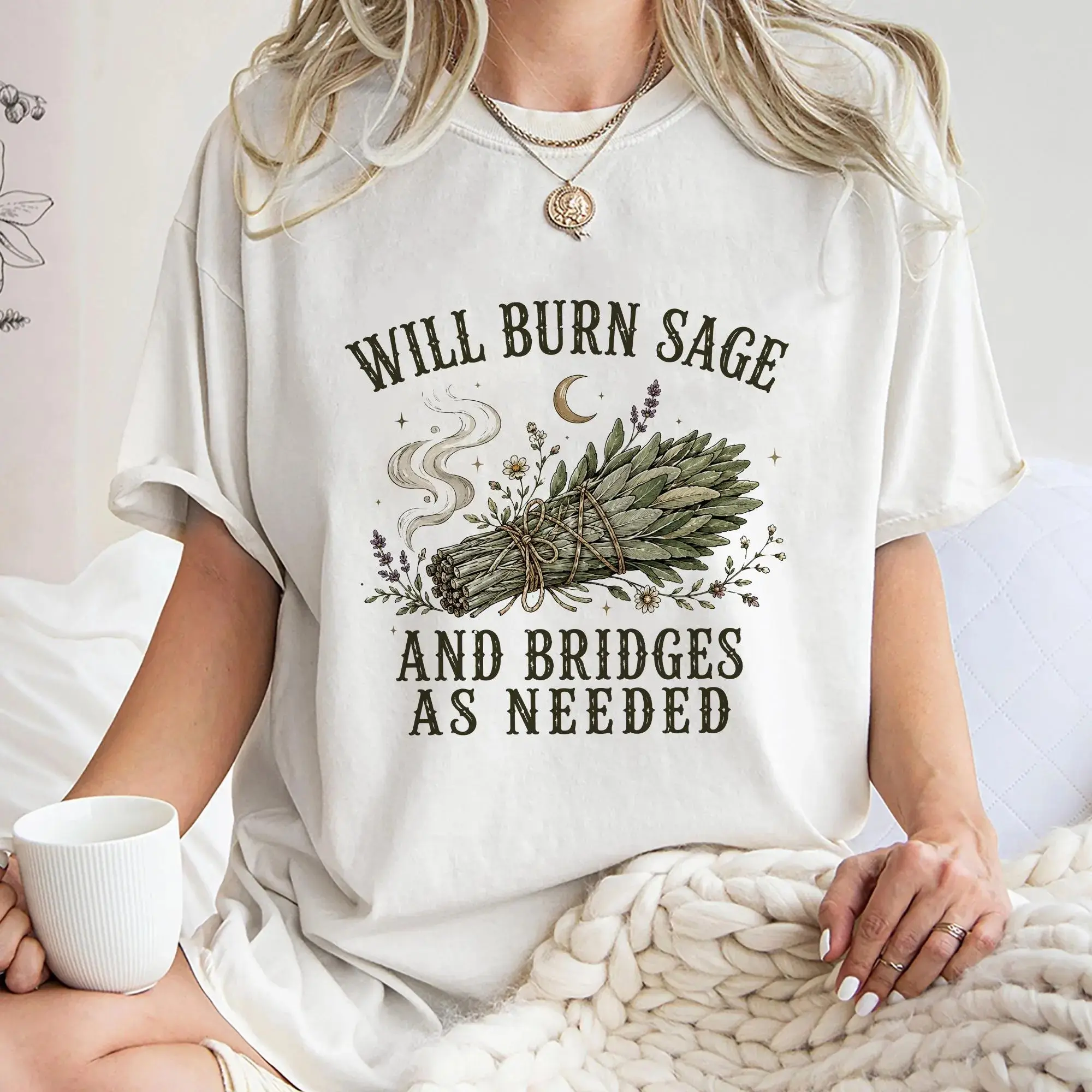 Women's Will Burn Sage Graphic T-Shirt, Witchy Cottagecore Cotton Blend Short Sleeve Spiritual Humor Top, Shortsleeve, Soft, Casual, Tshirt, Tee, Lady, Streetwear
