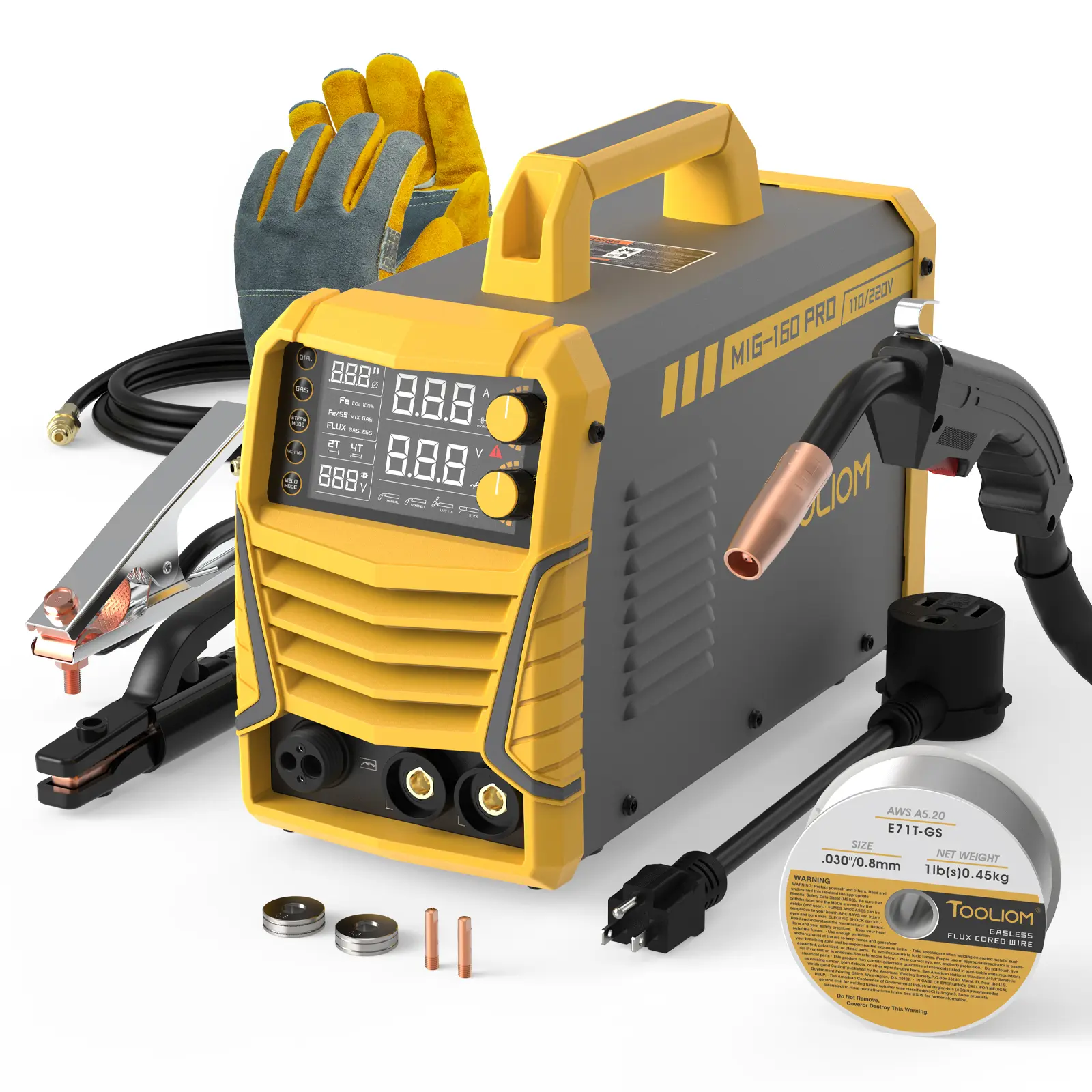 TOOLIOM MIG-160-PRO 160A Digital MIG Welder, 110/220V 4-in-1 Inverter Wire Feeder Welder, Gas MIG/Flux Core/Stick/Lift TIG Welding Machine Kit with E71T-GS Wire & Gloves