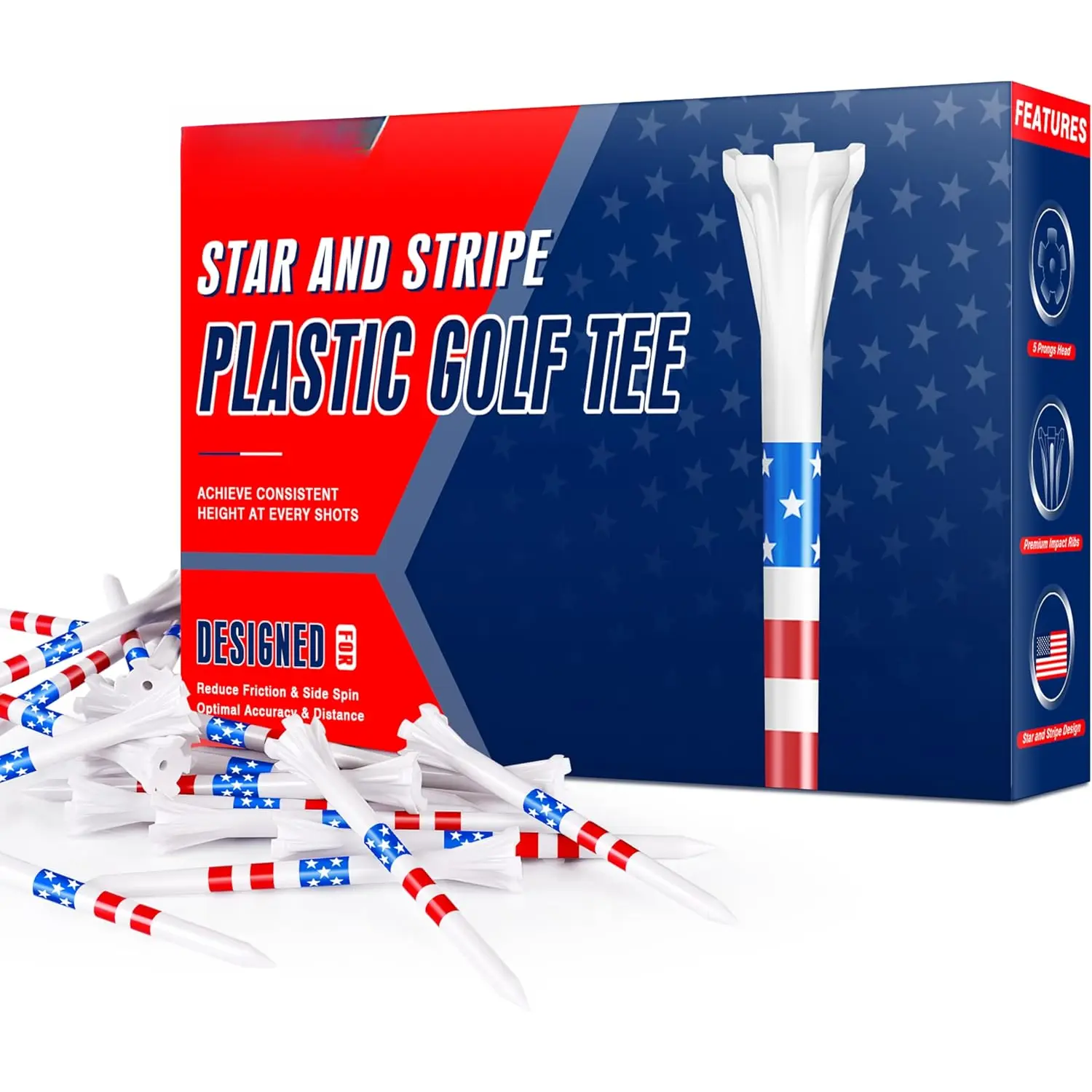 5 Prongs Plastic Golf Tees 100 Pack - Star and Stripe Marking System Golf Plastic Tees - Lower Friction and Longer Distance Golf Tees