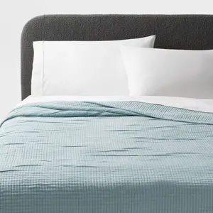 Full/Queen Double Cloth Quilt Light Teal Blue - Threshold: Woven Jacquard Coverlet, Midweight, OEKO-TEX Certified