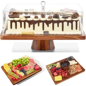 Cake Stand with Lid-Acacia  Cake Stand,2-in-1 Shatterproof Serving Platter & Charcuterie Board with Lid, Dessert Table Display for Party,Fruit Tray,Cheese,Veggie,Large Rectangular Cake Dome Cover
