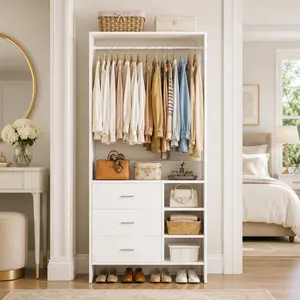 Wood Closet Organization Wardrobe with 3 Drawers - Heavy Duty Dresser Alternative, Aesthetic Renter Friendly Closet System Freestanding Closet Organizer