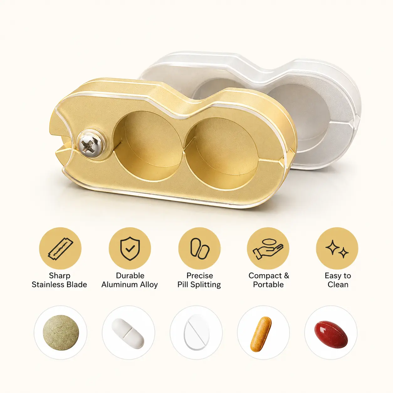 1 Count, Metal Pill Cutter with Clear Scale Mark, Portable Tablet Splitter for Different Shaped Tablets Daily Household Use
