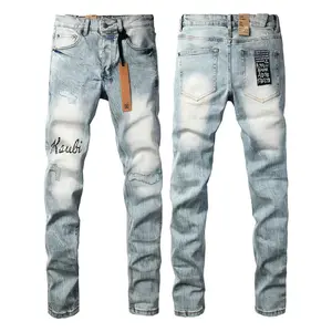 25SS New KSUBI Cross Jeans Men Personality Trend Letter print Hole Low Rise Elastic Skinny Pleated Ripped Frayed Trousers Brand